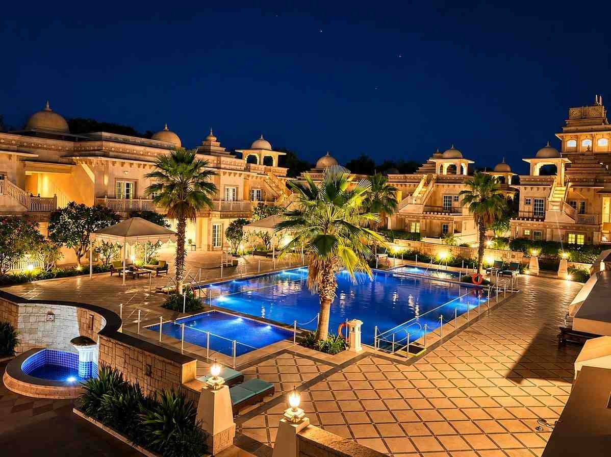 Luxury poolside wedding venue at ITC Grand Bharat Gurugram for elegant destination weddings in Delhi NCR.