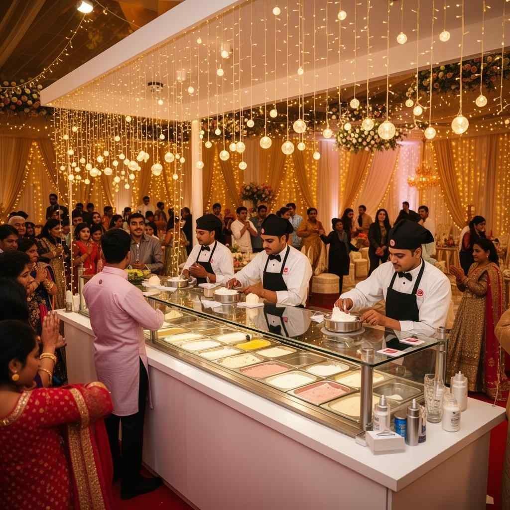 Luxury wedding dessert counter with live ice cream station, elegant hanging lights, and guests enjoying a grand indoor wedding celebration.