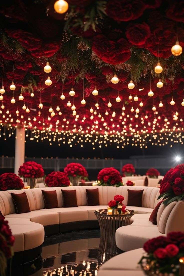 Luxury wedding reception lounge with red rose ceiling decor, hanging fairy lights, and elegant seating arrangement.