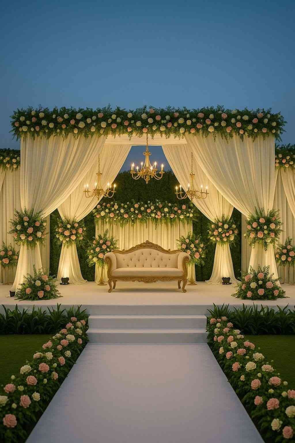 Elegant white floral wedding stage with chandelier lighting, luxury sofa seating, and romantic outdoor reception decor.