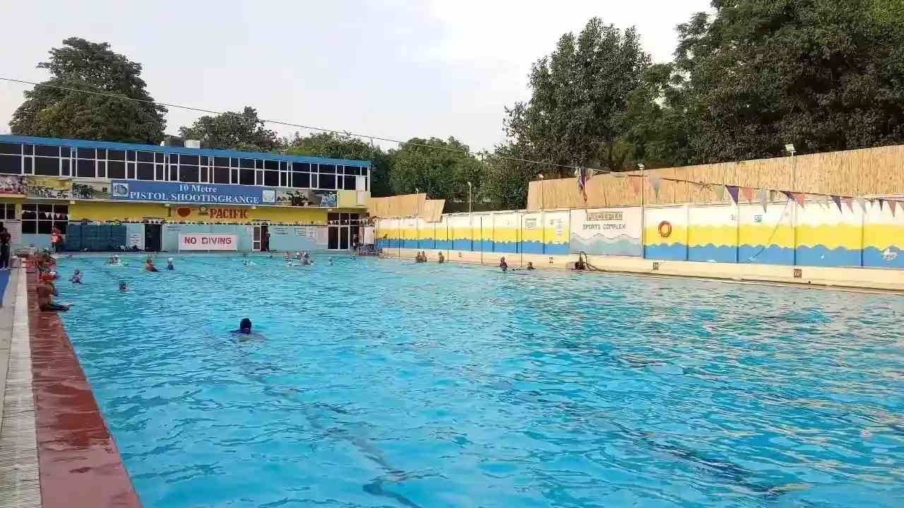 Pacific Sports Complex Swimming Pool New Delhi India: vibrant outdoor Olympic-sized pool with active swimmers, colorful yellow-blue-white boundary walls featuring "I ♥ PACIFIC" banner and "NO DIVING" signs.