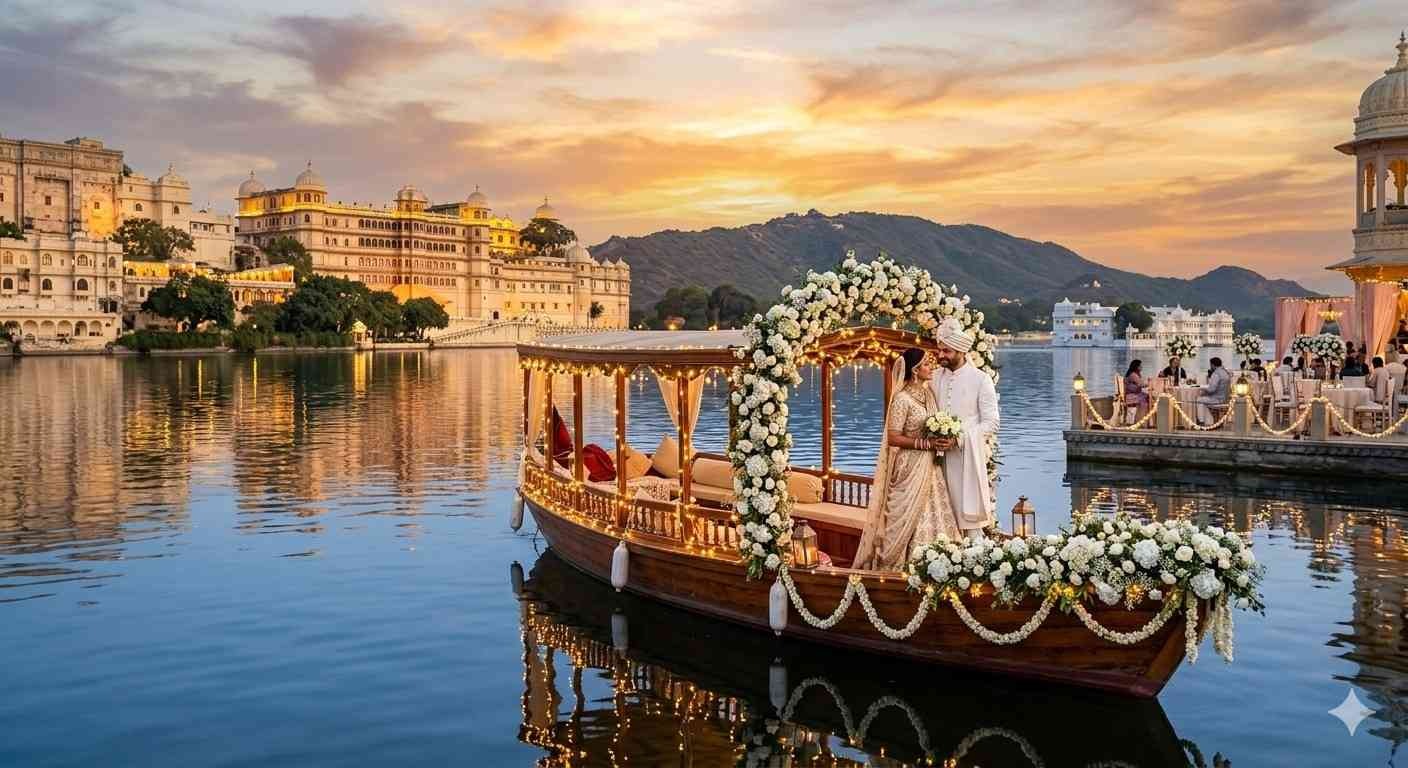Bride and groom on a flower-decorated wooden boat at sunset on Lake Pichola Udaipur