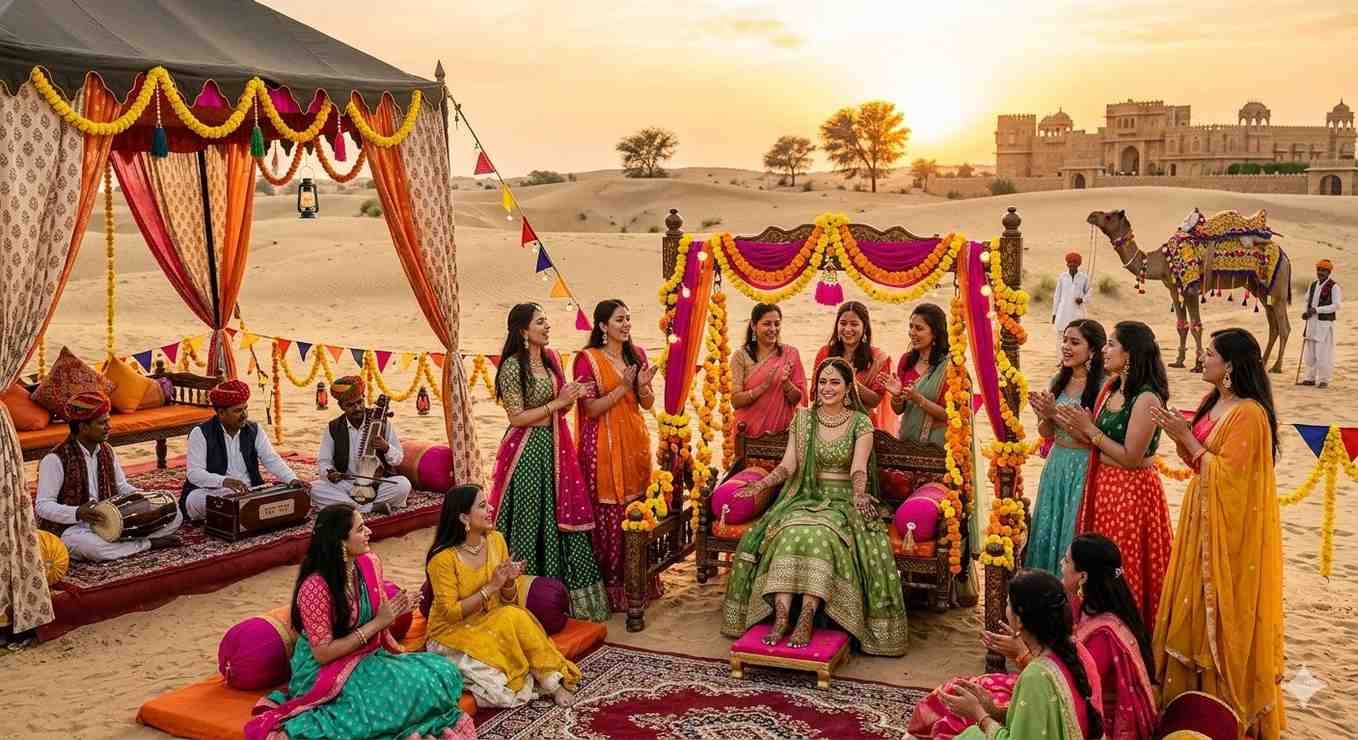 Rajasthan desert wedding mehndi ceremony at sunset