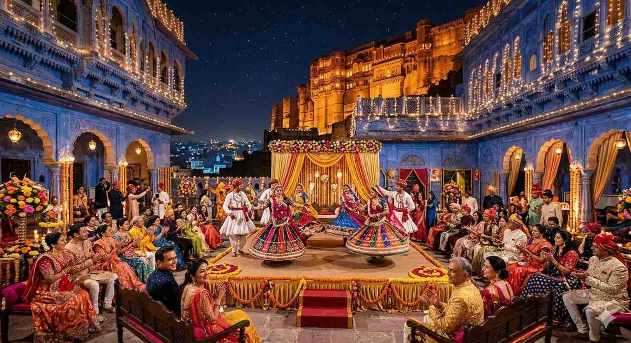 Nighttime Rajasthani wedding sangeet ceremony at Mehrangarh Fort Jodhpur