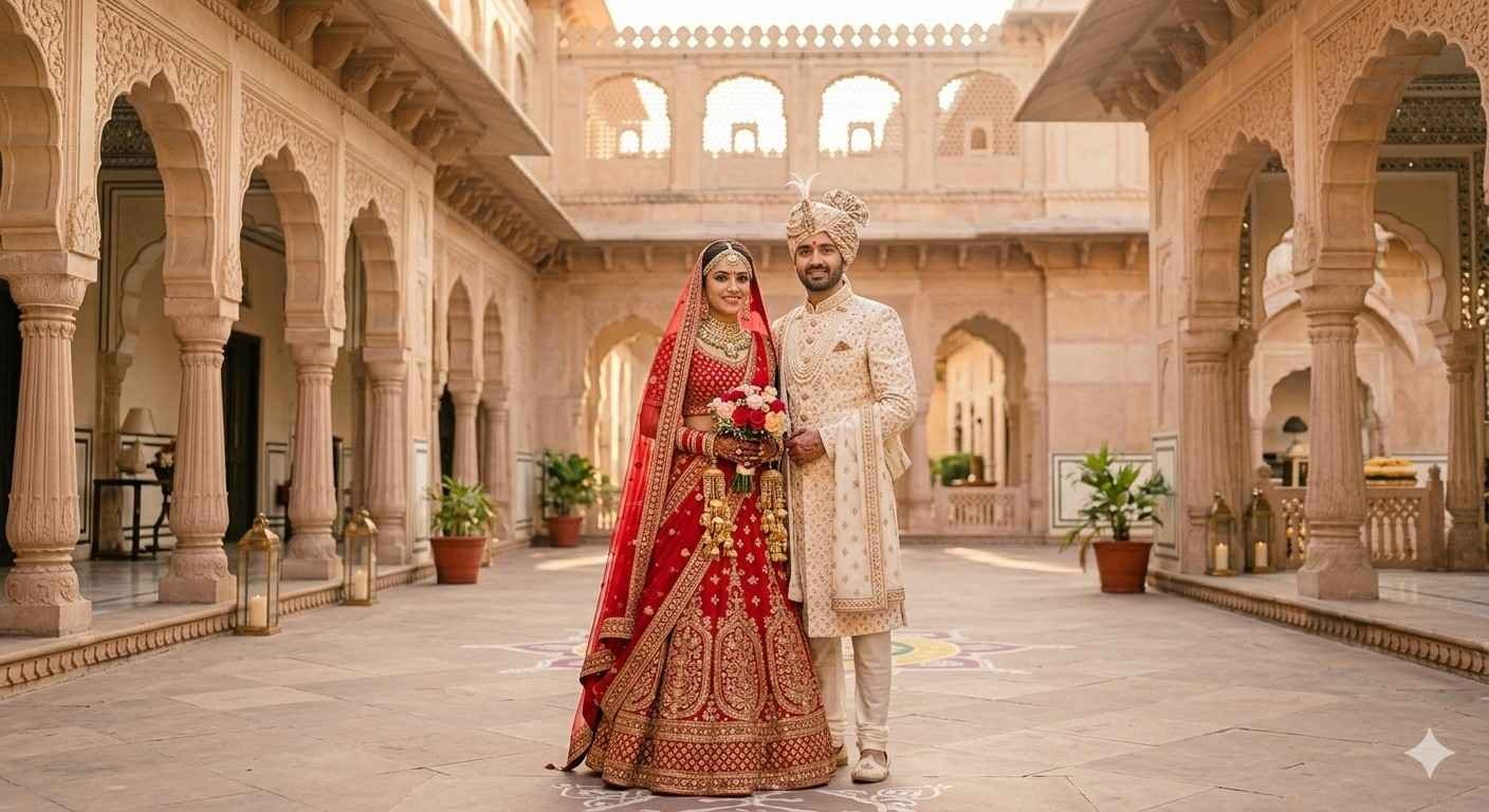 Indian bride in red gold bridal lehenga with heavy gold jewelry and groom in cream sherwani standing in ornate sandstone palace courtyard with carved arches