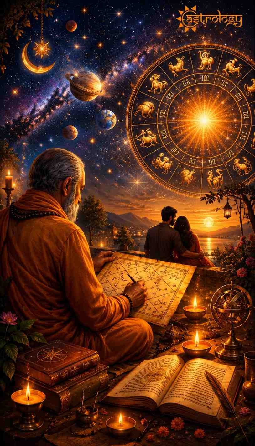 Love Marriage Astrology consultation with astrologer, kundli, and romantic couple.