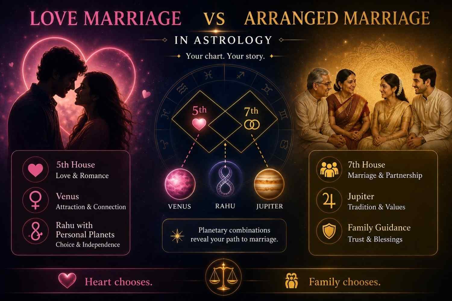 Love Marriage Astrology vs Arranged Marriage Astrology infographic showing kundli houses, Venus, Rahu, Jupiter, and marriage predictions in Vedic astrology.