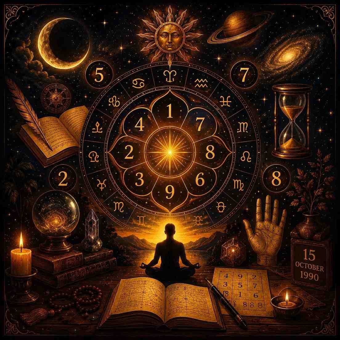 Numerology and astrology chart with zodiac wheel, birth date analysis, palmistry symbols, and cosmic elements for life path predictions.