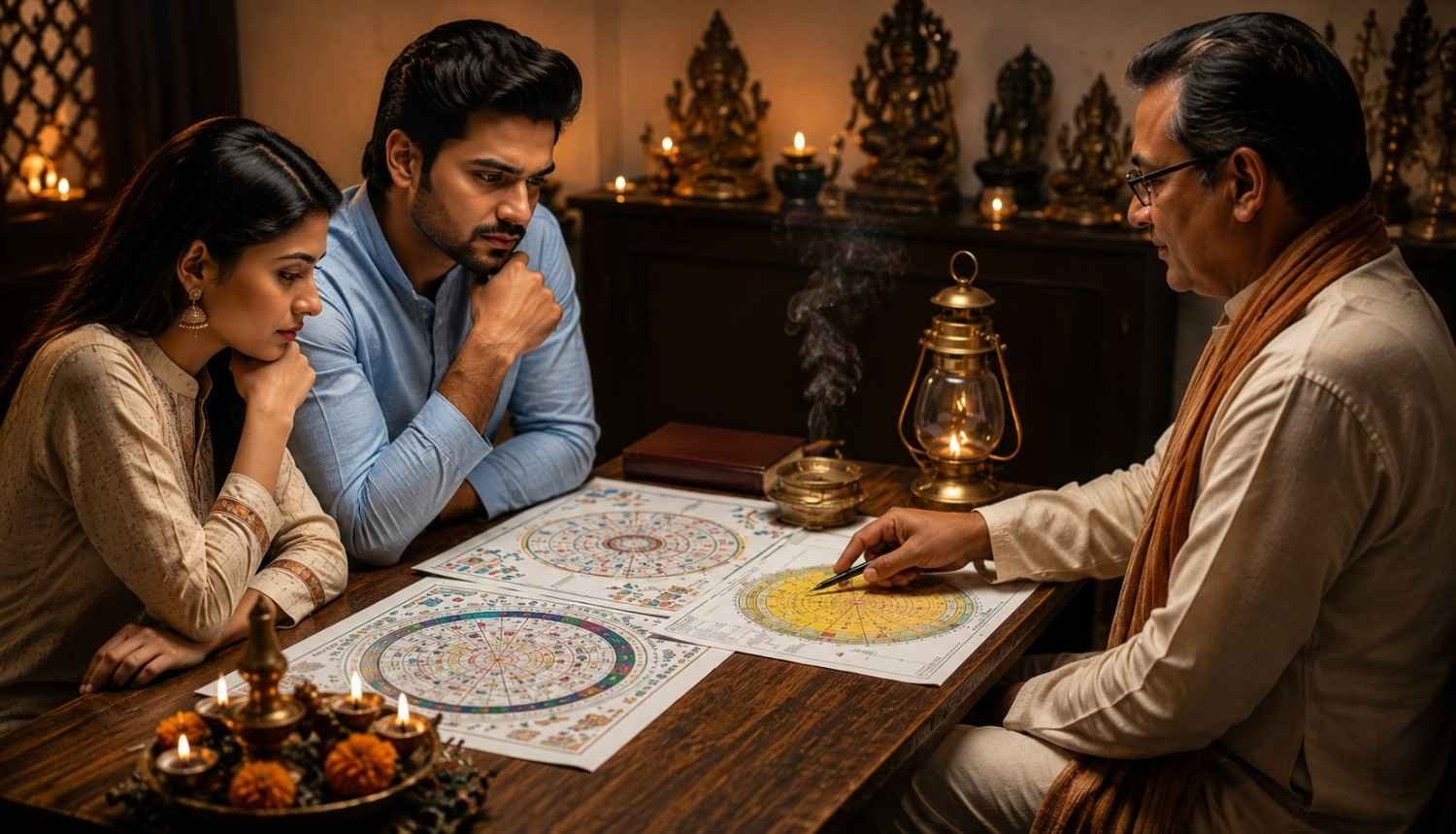 Couple consulting a Vedic astrologer for Love Marriage Astrology, kundli matching, marriage prediction, and relationship compatibility analysis.