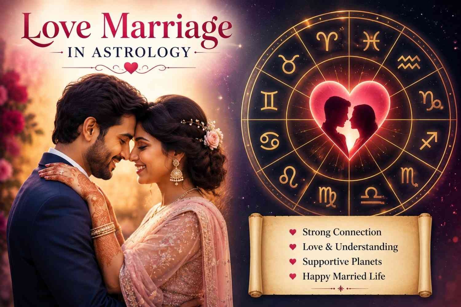 Love Marriage Astrology illustration featuring a romantic couple, zodiac wheel, and Vedic astrology symbols for love marriage horoscope and relationship compatibility.