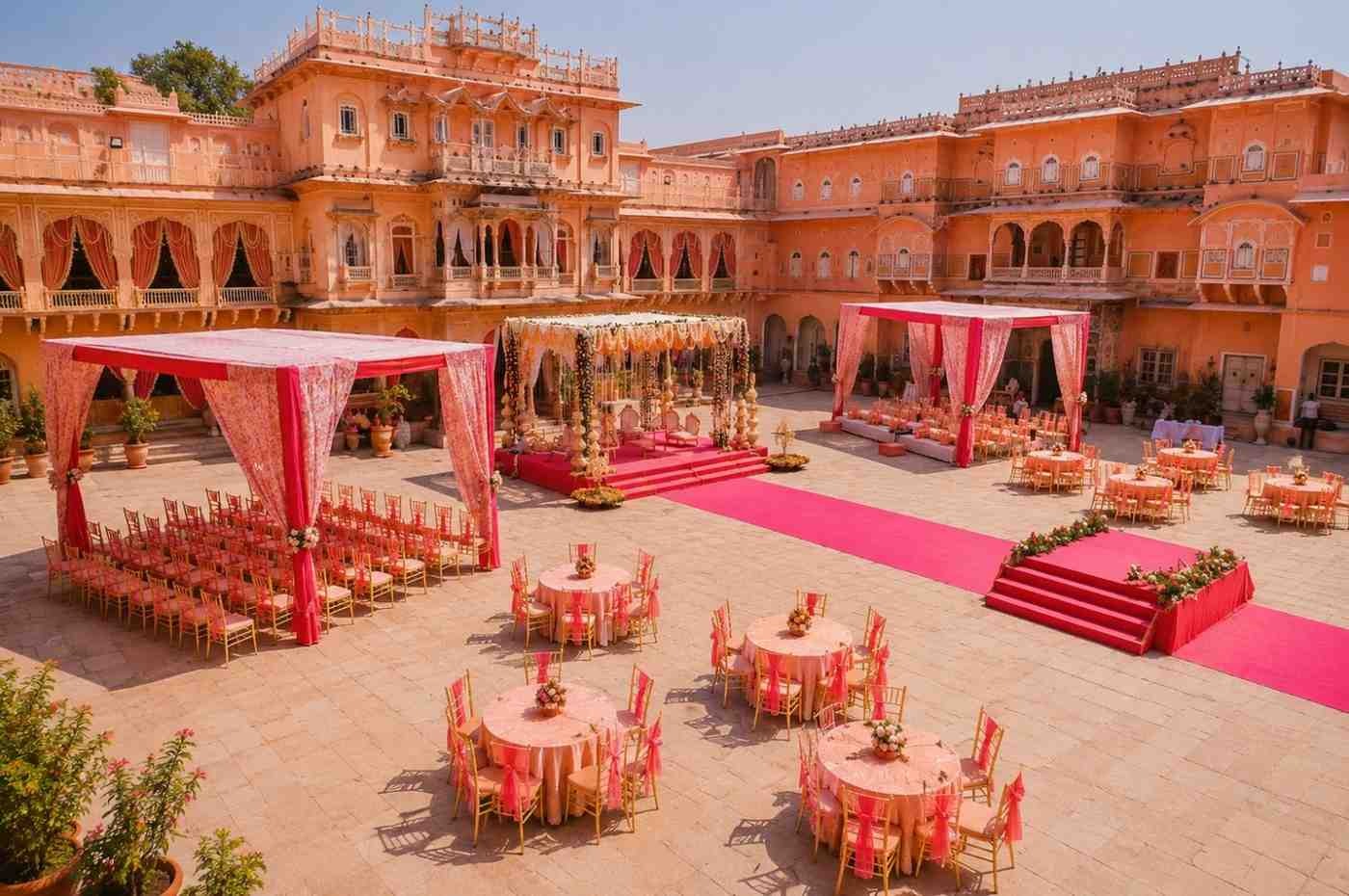 Royal palace wedding venue with elegant pink decor setup and luxury courtyard celebration.
