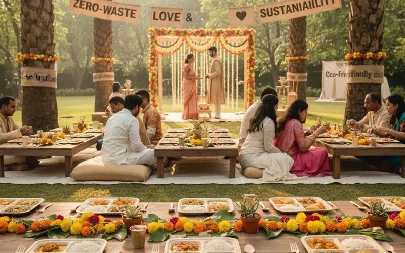 Sustainable outdoor wedding banquet with eco-friendly decorations.