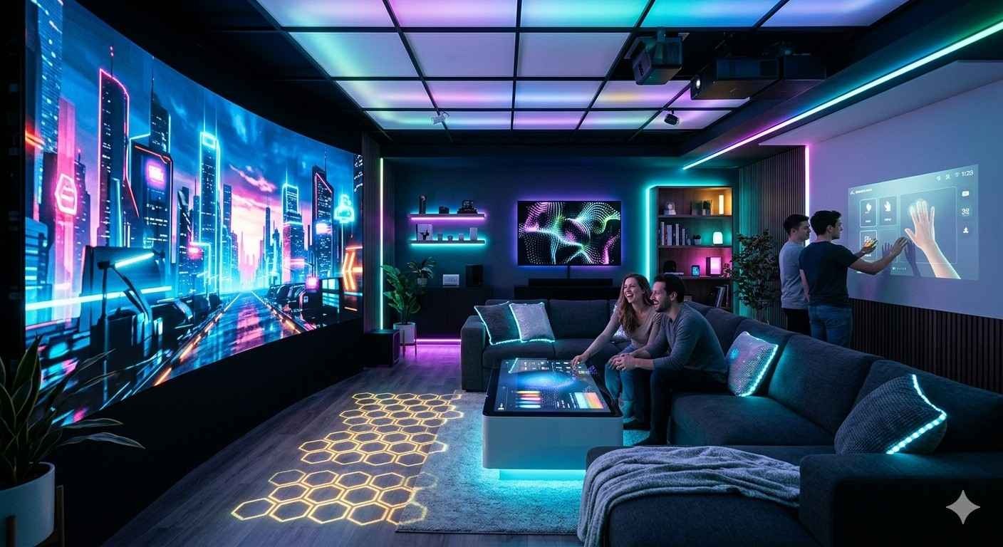 Modern futuristic living room with neon cyberpunk displays.