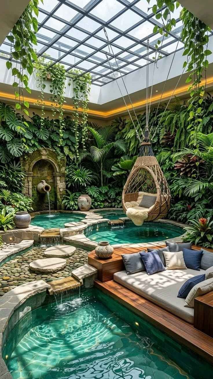 Best Indoor Swimming Pool Venues comparison showcasing a tropical indoor swimming pool surrounded by lush greenery and modern skylight architecture.