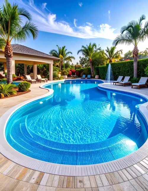 Premium Outdoor Swimming Pool Venues highlighting a spacious outdoor swimming pool with palm trees, sun loungers, and a resort-style ambiance.