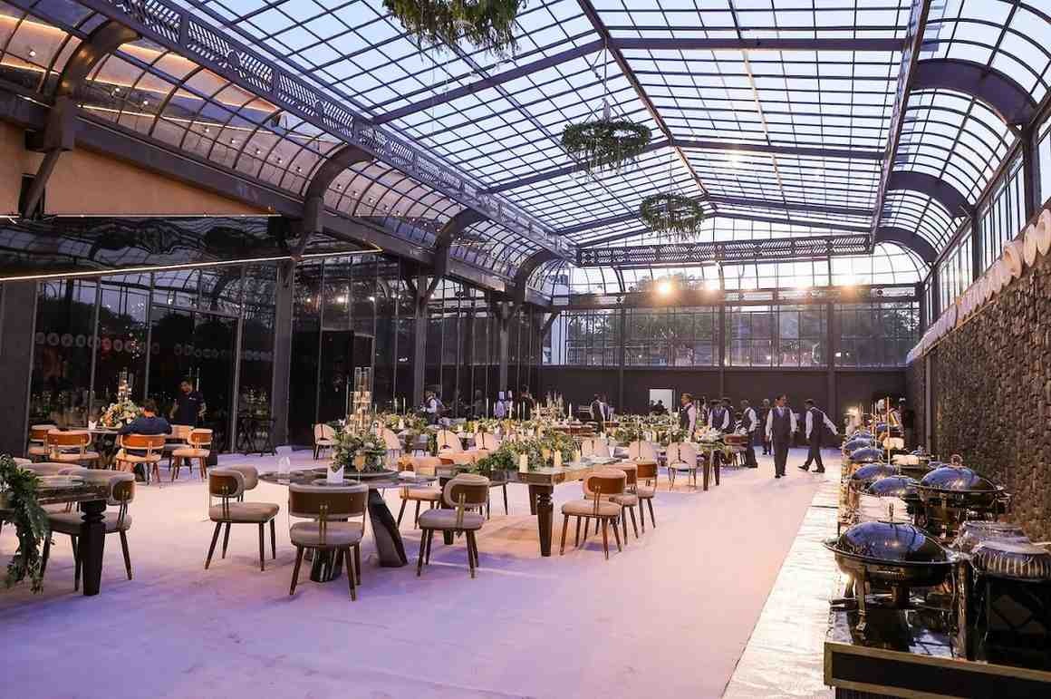 Elegant glasshouse venue for engagement parties and weddings in Delhi.