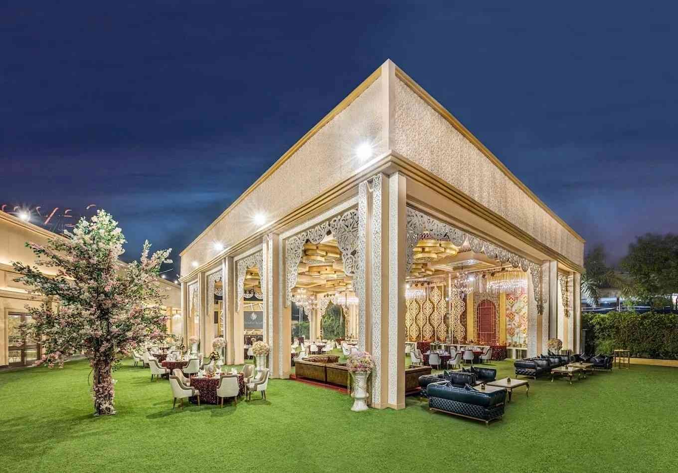 Premium outdoor banquet lawn for engagement and wedding events in Delhi.