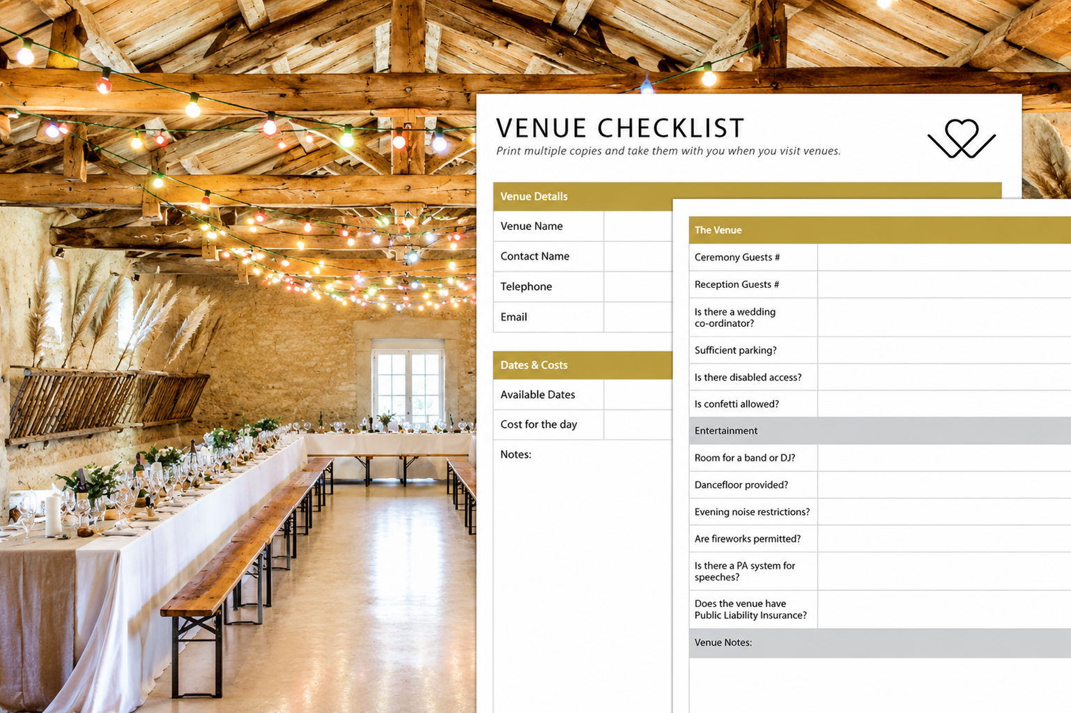 Wedding venue checklist template displayed beside a rustic banquet hall setup, highlighting venue details, costs, parking, entertainment, and decoration considerations.