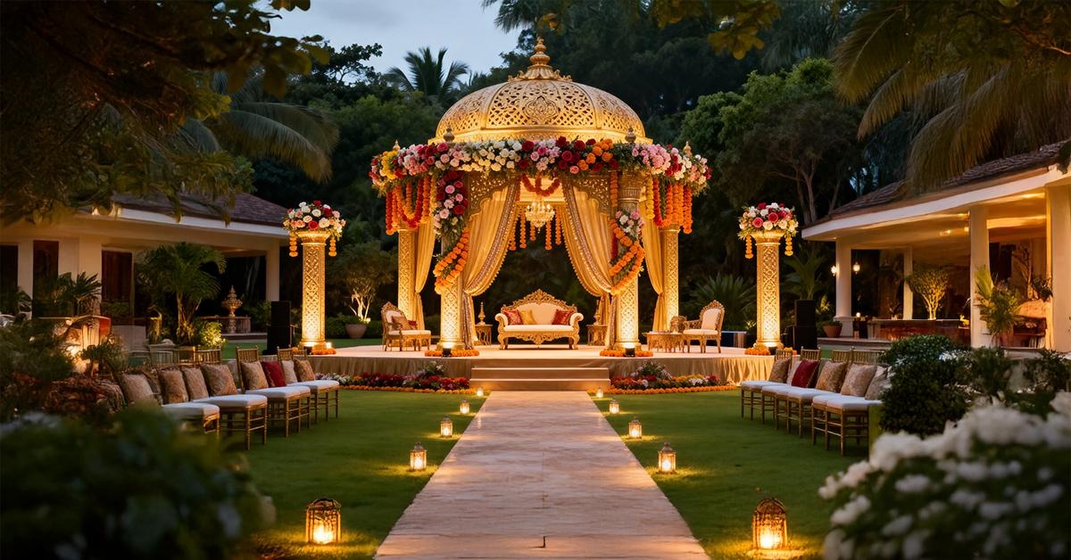 Elegant outdoor wedding ceremony setup featuring a floral arch, lakeside backdrop, landscaped garden pathway, and customized d&eacute;cor arrangements for a romantic wedding celebration.