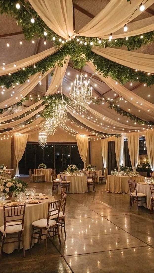 Luxury indoor wedding reception with chandelier lighting