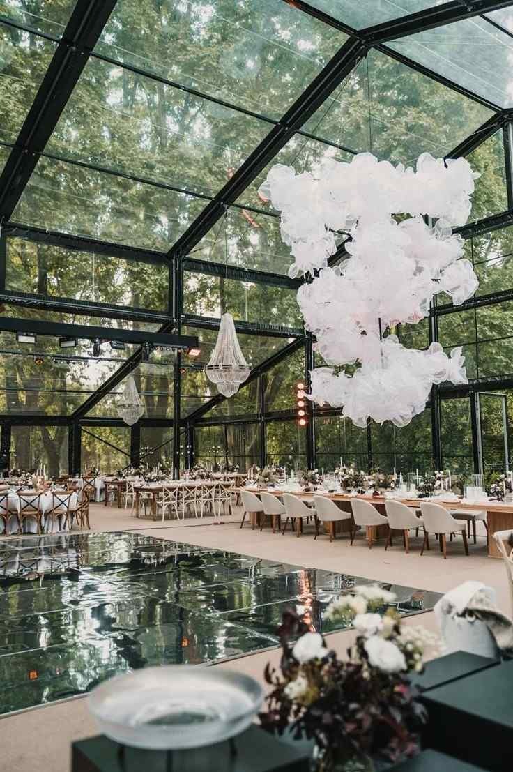 Luxury indoor wedding reception with chandelier lighting