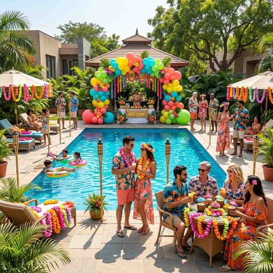 "A sunny, vibrant tropical Hawaiian-themed pool party featuring a crowd of guests in floral shirts and dresses. A bright balloon arch frames a welcome table at the end of the pool, which is flanked by tiki torches and decorated lounge chairs."