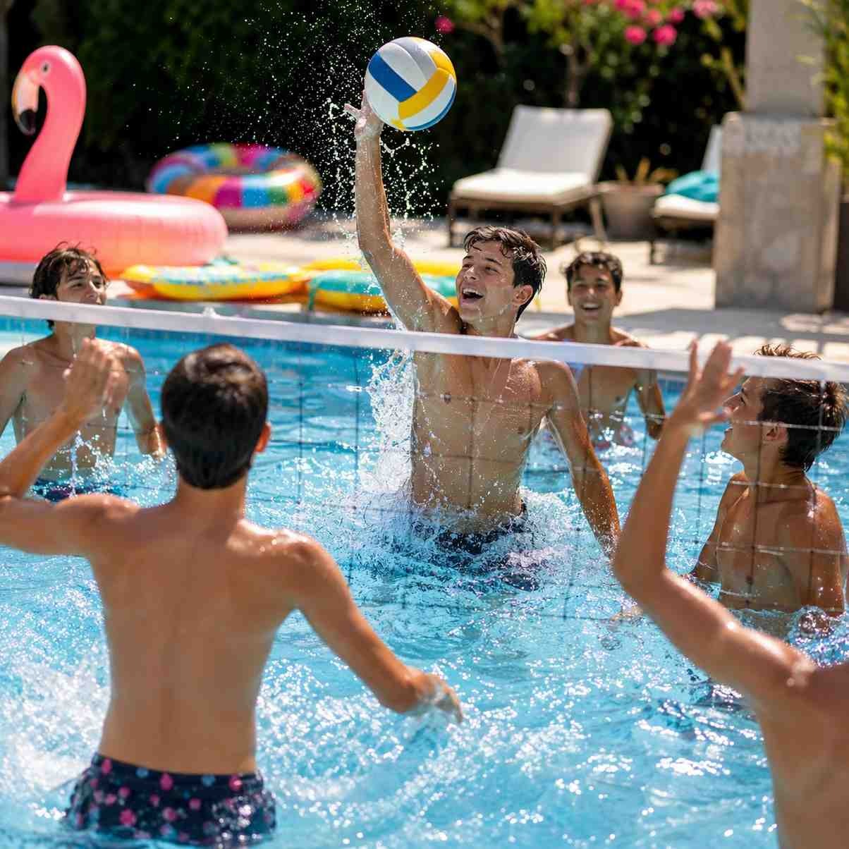 "A group of young men playfully competing in a pool volleyball game, splashing water as one jumps high to spike the ball over the net."