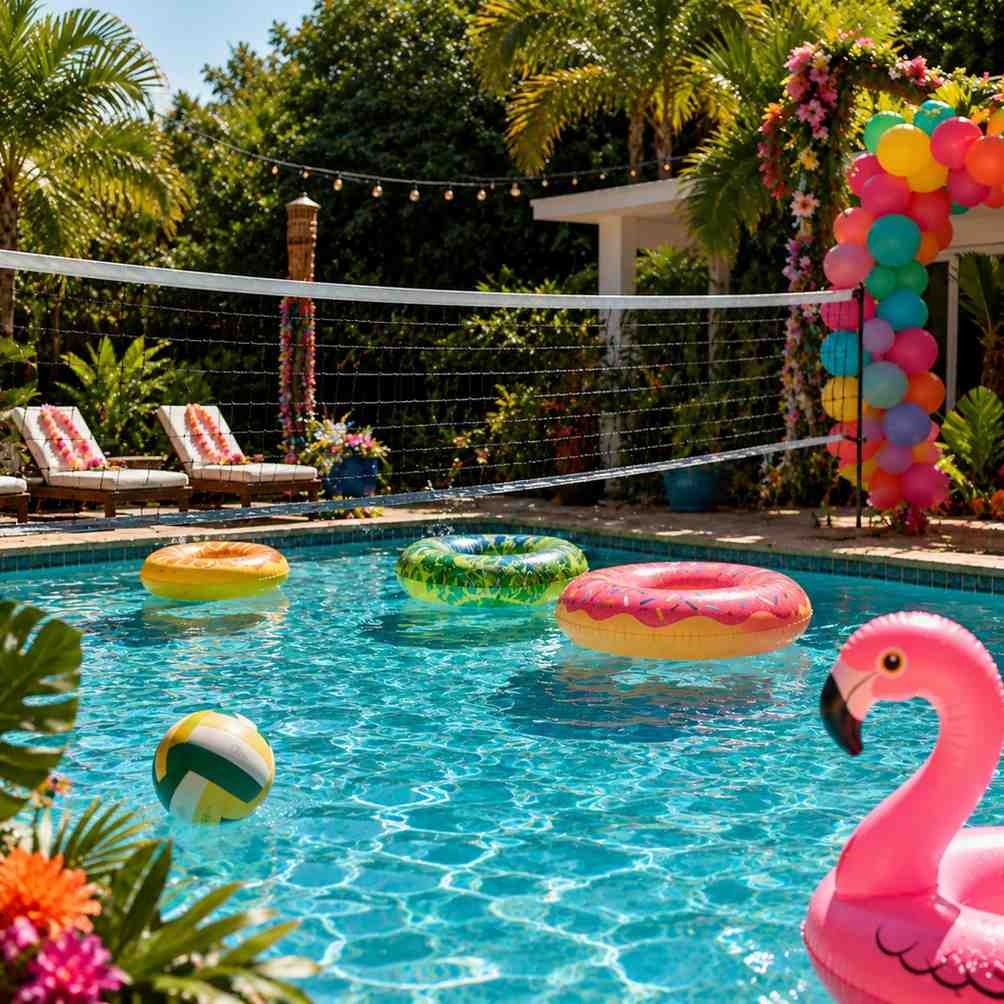 "An outdoor swimming pool set up for volleyball with a white net stretched across the water. Colorful inflatable donut, ring, and pink flamingo pool floats drift on the sparkling water under sunny skies near lounge chairs."