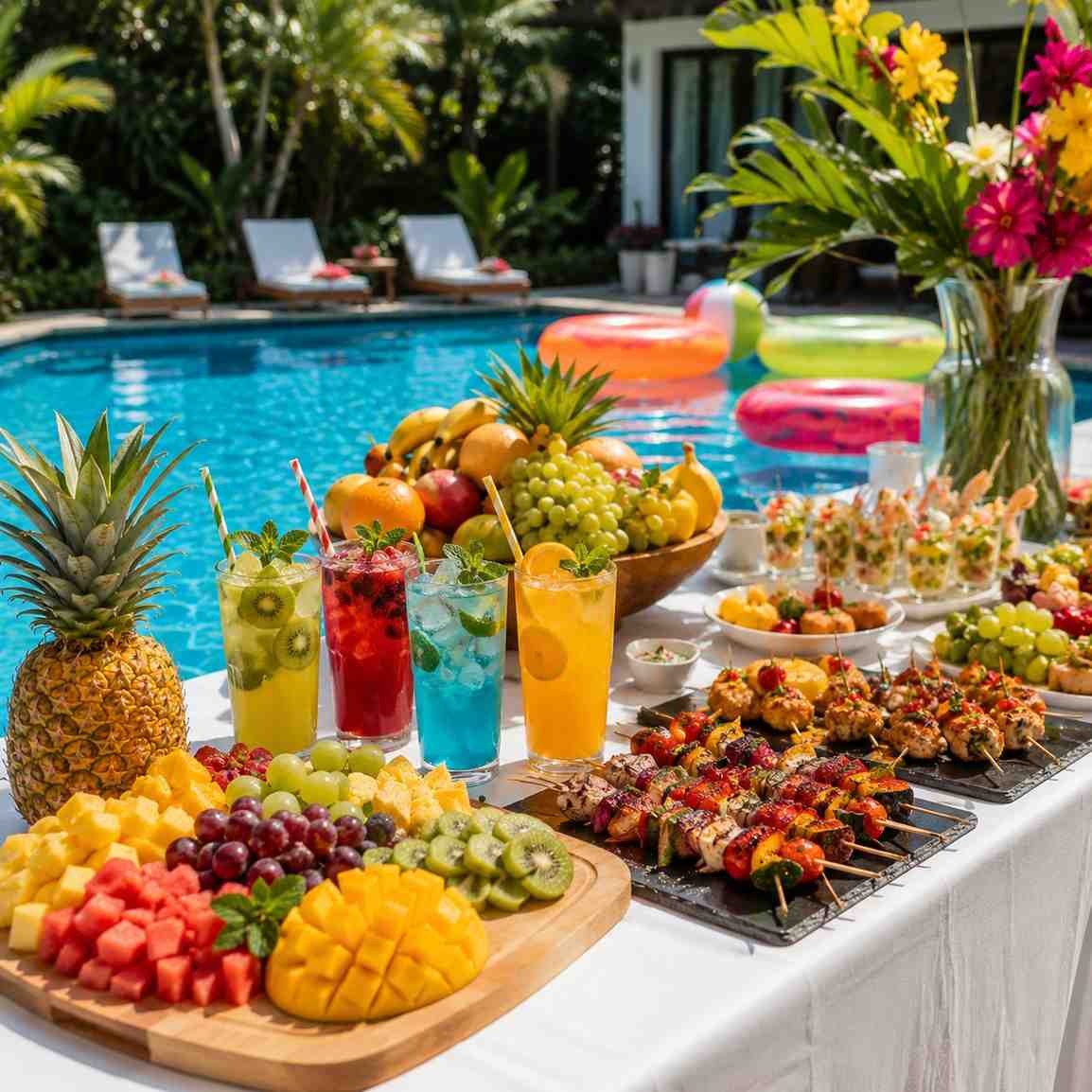 "A colorful catering buffet setup by a swimming pool, showcasing platters of fresh sliced fruits like mango and watermelon, grilled skewers, and bright tropical cocktails in glasses with striped straws."