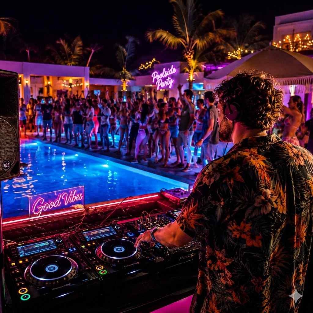 "A DJ from behind wearing a floral shirt mixes music on a turntable console at a lively, neon-lit nighttime poolside party crowded with people."