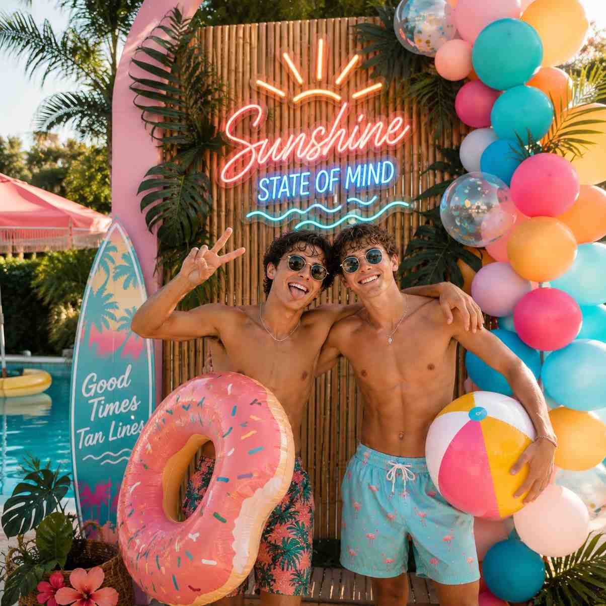 "Two smiling, shirtless young men in swim trunks pose together in front of a bamboo photo backdrop decorated with colorful balloons, a surfboard sign, and a neon light reading 'Sunshine State of Mind'."