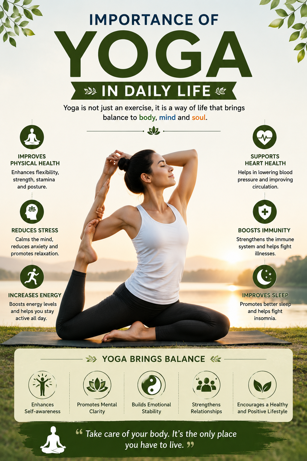 A visually appealing yoga wellness poster featuring a woman performing the King Pigeon Pose (Eka Pada Rajakapotasana) outdoors near a calm lake during sunrise.