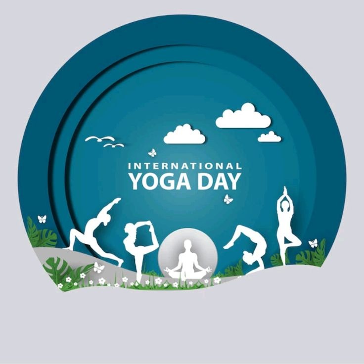 A wellness-themed yoga poster showing a woman in a low lunge yoga pose on a wooden platform overlooking a peaceful lake and mountains at sunrise.