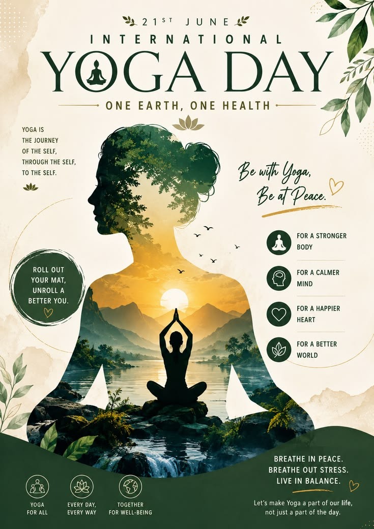 A green-themed yoga infographic poster featuring a woman performing Warrior Pose (Virabhadrasana) against a scenic sunrise mountain backdrop