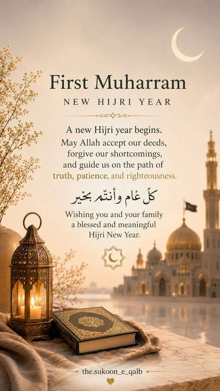 Islamic New Year greeting with a decorative lantern, Quran, crescent moon, and mosque in the background, featuring a blessing message for the beginning of Muharram and the Hijri year.