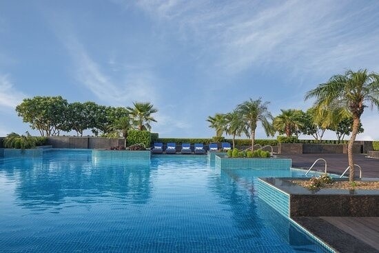 Infinity swimming pool at Radisson Blu Dwarka Delhi with luxury poolside seating and palm trees
