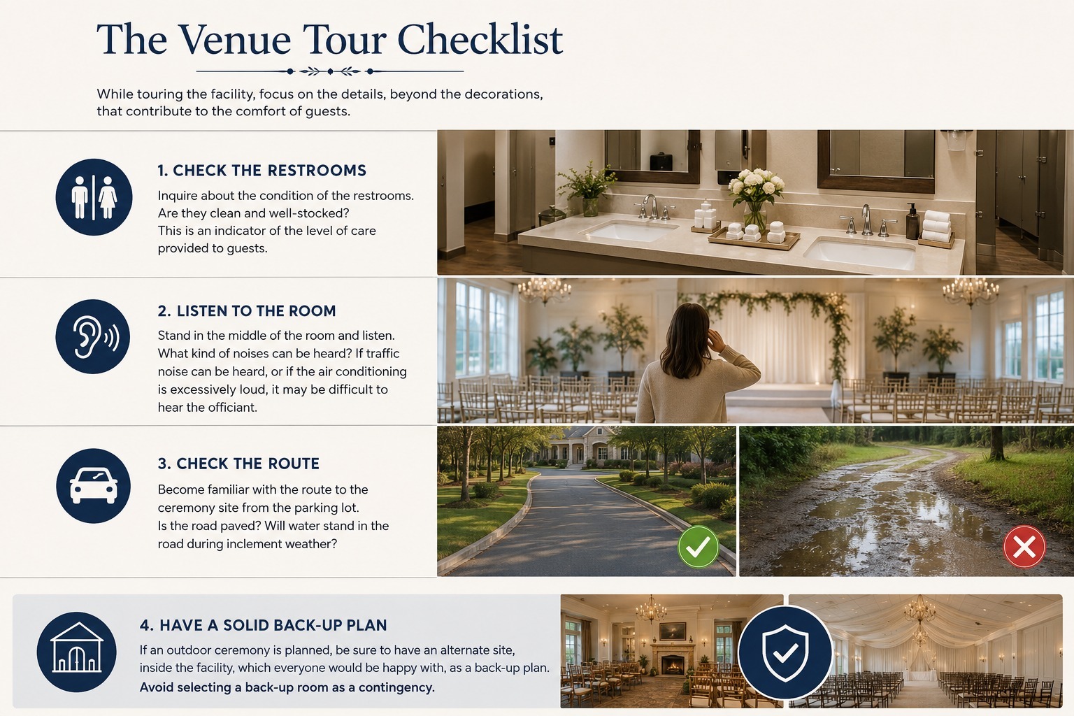 Venue tour checklist infographic highlighting restroom cleanliness, acoustics, parking route, and backup ceremony planning.