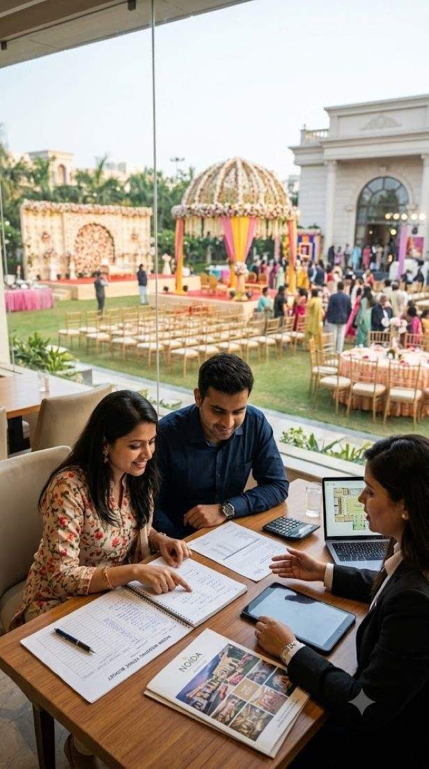 An Indian couple sitting at a table with a venue sales manager, reviewing quotation slips, booklets, and a laptop budget spreadsheet.