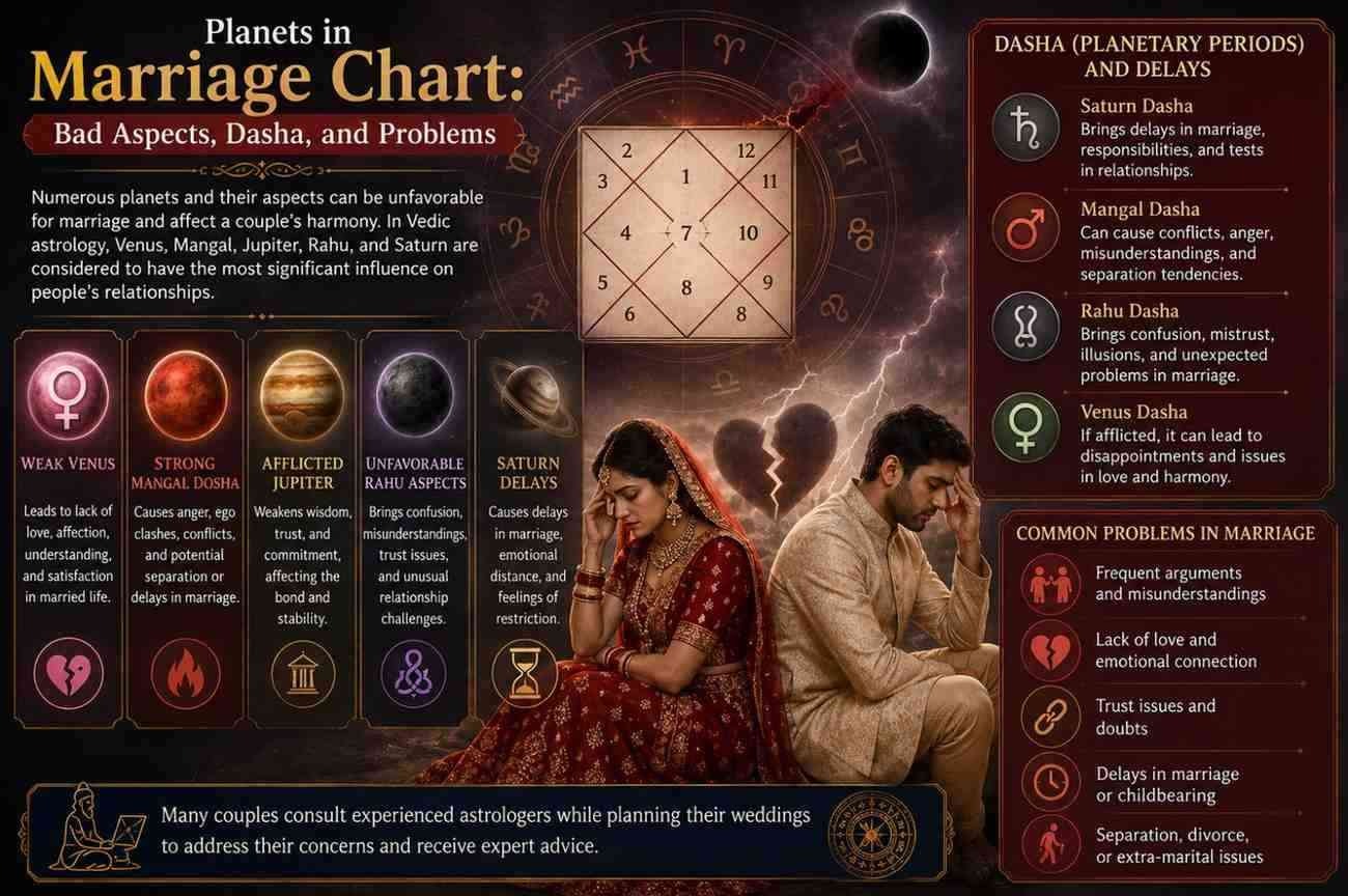 Planets in Marriage Chart: Bad Aspects, Dasha, and Problems