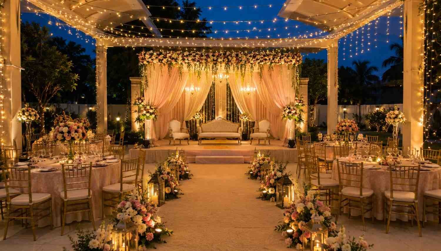 Elegant indoor wedding reception venue featuring luxurious banquet seating, floral table centerpieces, crystal chandeliers, a decorated wedding stage, and guests celebrating in a premium banquet hall.