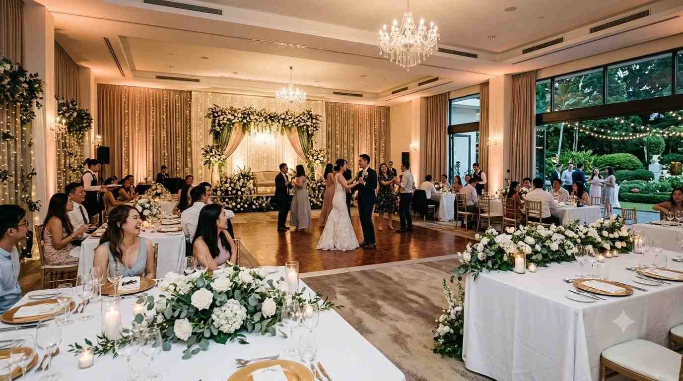 Elegant indoor wedding reception venue featuring luxurious banquet seating, floral table centerpieces, crystal chandeliers, a decorated wedding stage, and guests celebrating in a premium banquet hall.
