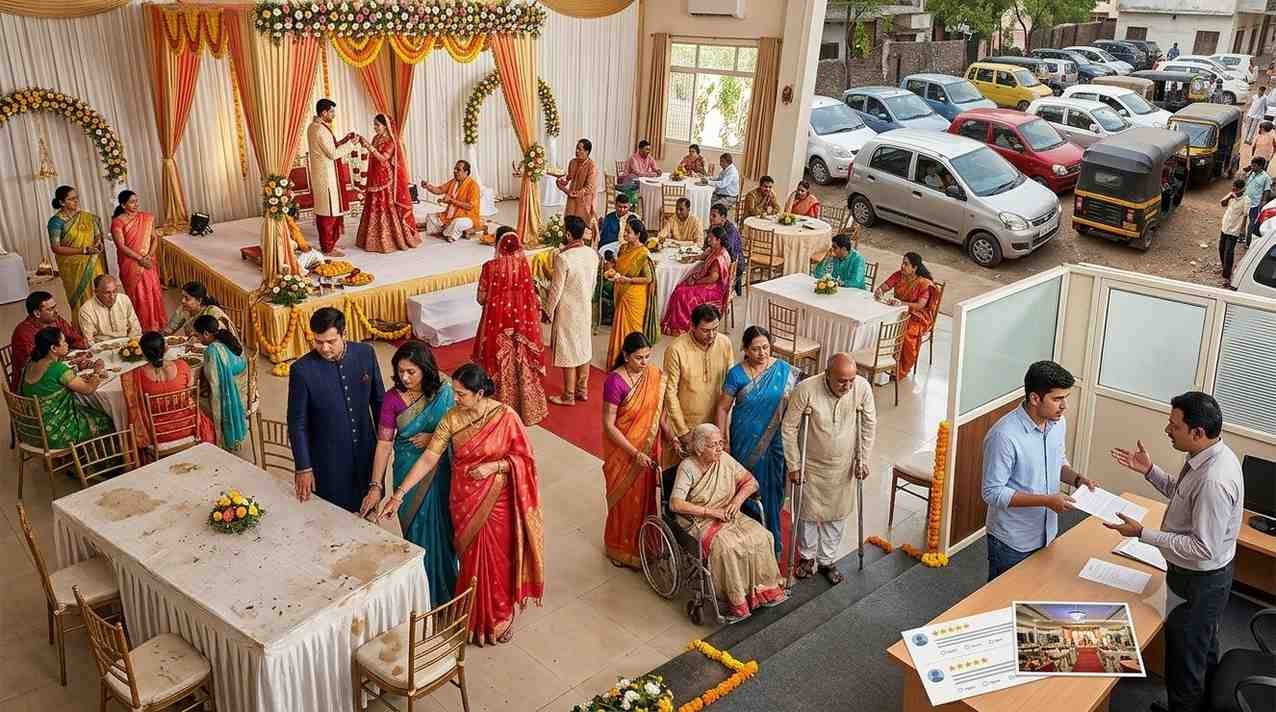 Elegant outdoor wedding venue featuring a floral stage, candle-lit aisle, banquet tables, fairy lights, and luxurious garden wedding décor in an affordable open-air setting.