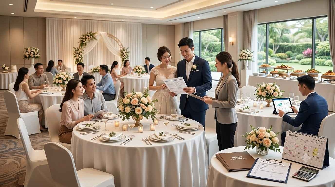 Affordable luxury wedding reception venue with elegant floral decorations, beautifully designed stage, round banquet tables, warm ambient lighting, and premium outdoor celebration setup.