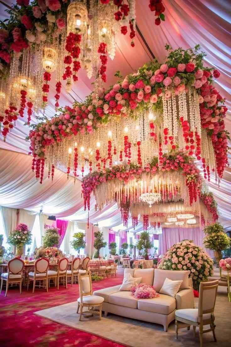 Luxury indoor wedding banquet hall featuring stunning floral chandelier decor, elegant dining arrangements, premium seating, and romantic wedding reception setup for grand celebrations in Delhi NCR.