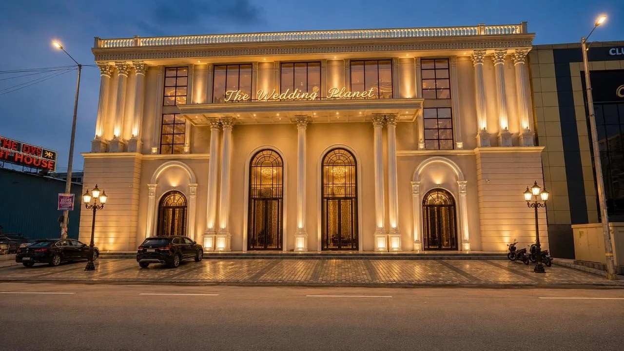 The Wedding Planet banquet hall in Greater Noida featuring a luxury wedding venue with grand architecture, elegant lighting, and premium event space for weddings and receptions