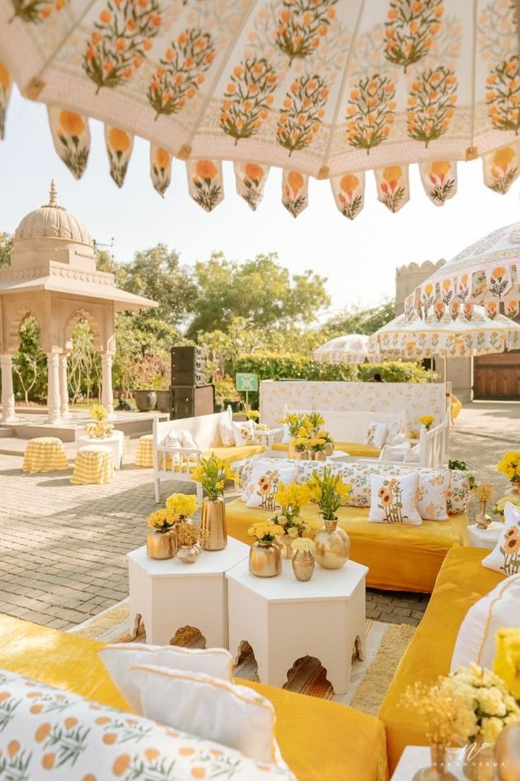 Luxury Haldi ceremony setup at an outdoor wedding venue.