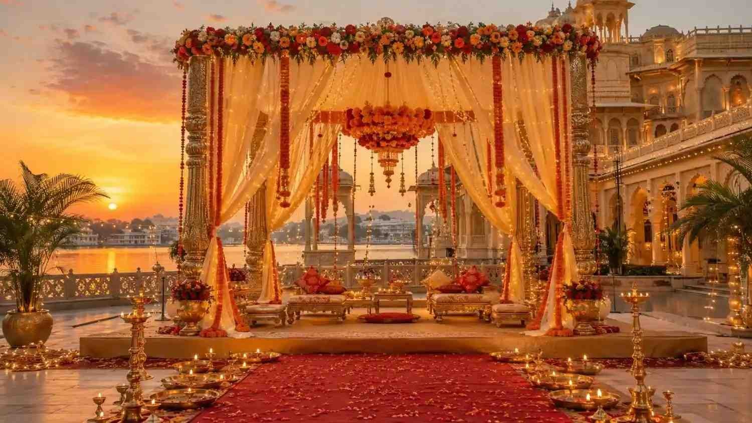 Luxury Indian destination wedding venue with elegant floral mandap, decorated aisle, golden lighting, lakeside backdrop, and royal palace setting at sunset.