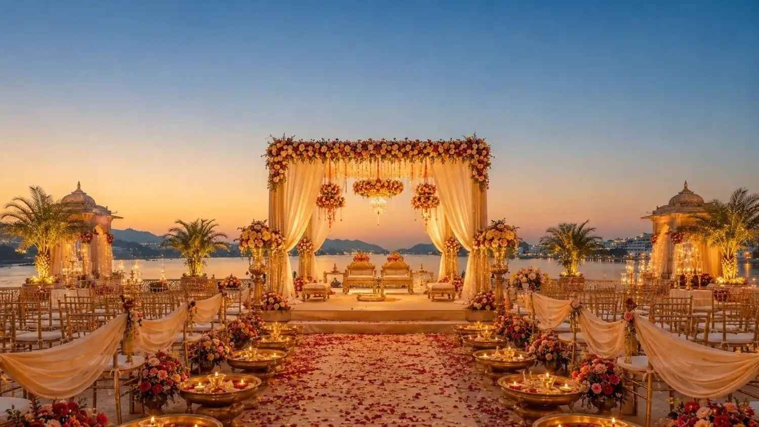 Royal Udaipur palace destination wedding mandap decorated with marigold flowers, ivory drapes, brass diyas, floral chandeliers, and lakeside sunset backdrop.