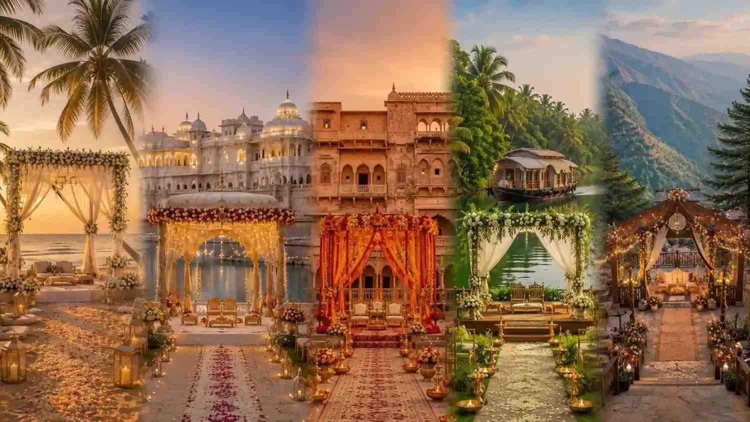 Panoramic collage of India's top destination wedding locations featuring Goa beach, Udaipur palace, Jaipur heritage fort, Kerala backwaters, and Mussoorie mountain resort wedding venues.