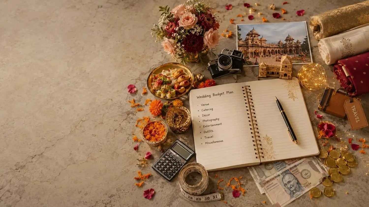 Destination wedding budget planning flat lay featuring wedding notebook, calculator, camera, floral arrangement, Indian currency, measuring tape, and travel accessories with copy space.